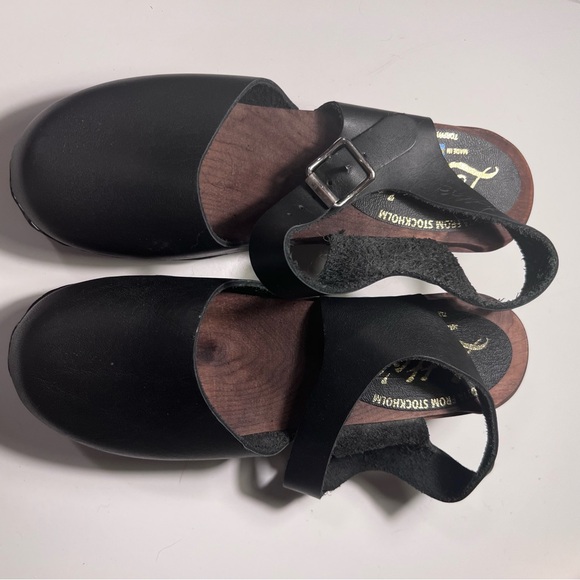 Lotta From Stockholm Black Leather Closed Toe Heel Clog Ankle Strap Dark Wood 37 - Picture 3 of 8